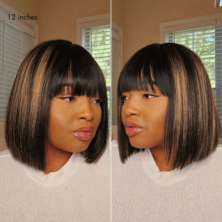 Put On and Go Realistic Glueless Yaki Straight Bob with Bangs Minimalist Lace Wig 100% Human Hair