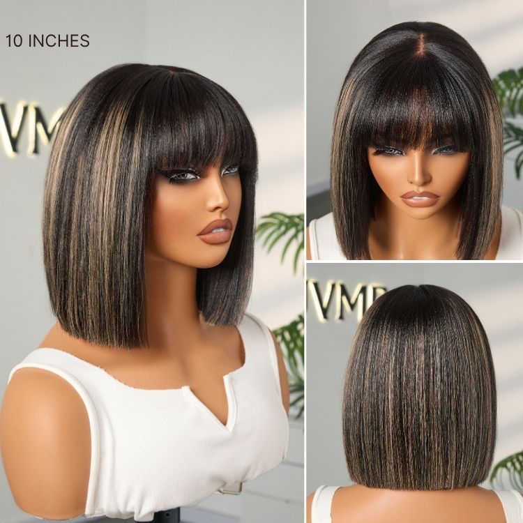 Put On and Go Realistic Glueless Yaki Straight Bob with Bangs Minimalist Lace Wig 100% Human Hair