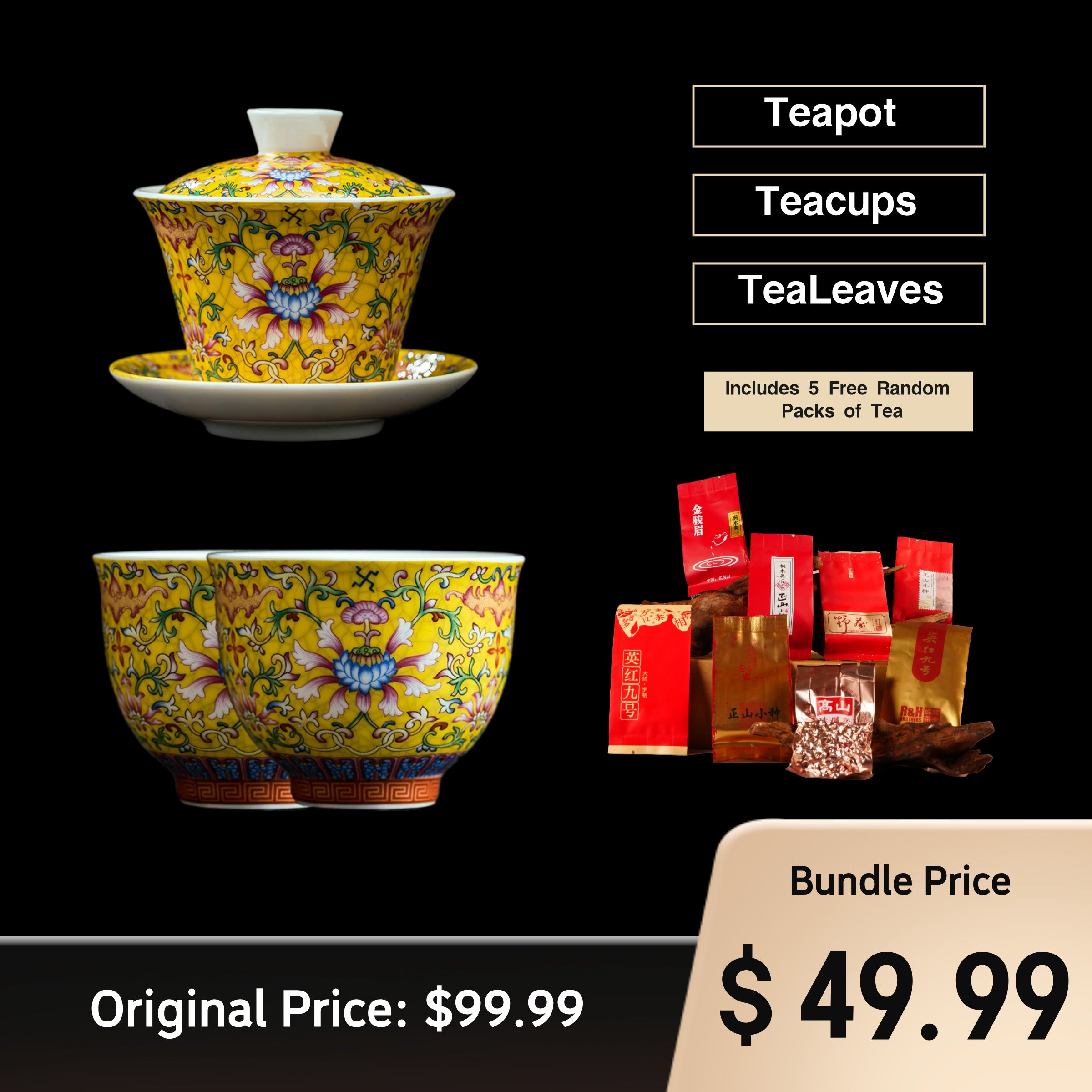 Imperial Yellow Porcelain Gaiwan – Handcrafted Chinese Tea Cups with Elegant Floral Design (160ml)