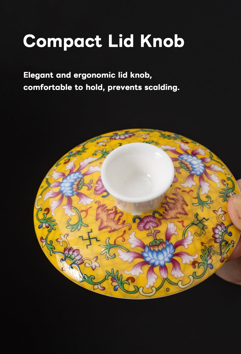Imperial Yellow Porcelain Gaiwan – Handcrafted Chinese Tea Cups with Elegant Floral Design (160ml)