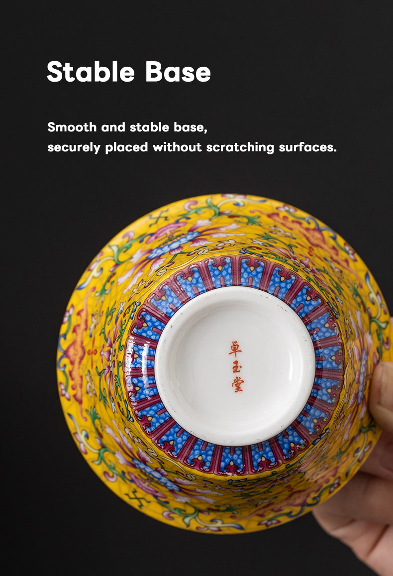 Imperial Yellow Porcelain Gaiwan – Handcrafted Chinese Tea Cups with Elegant Floral Design (160ml)