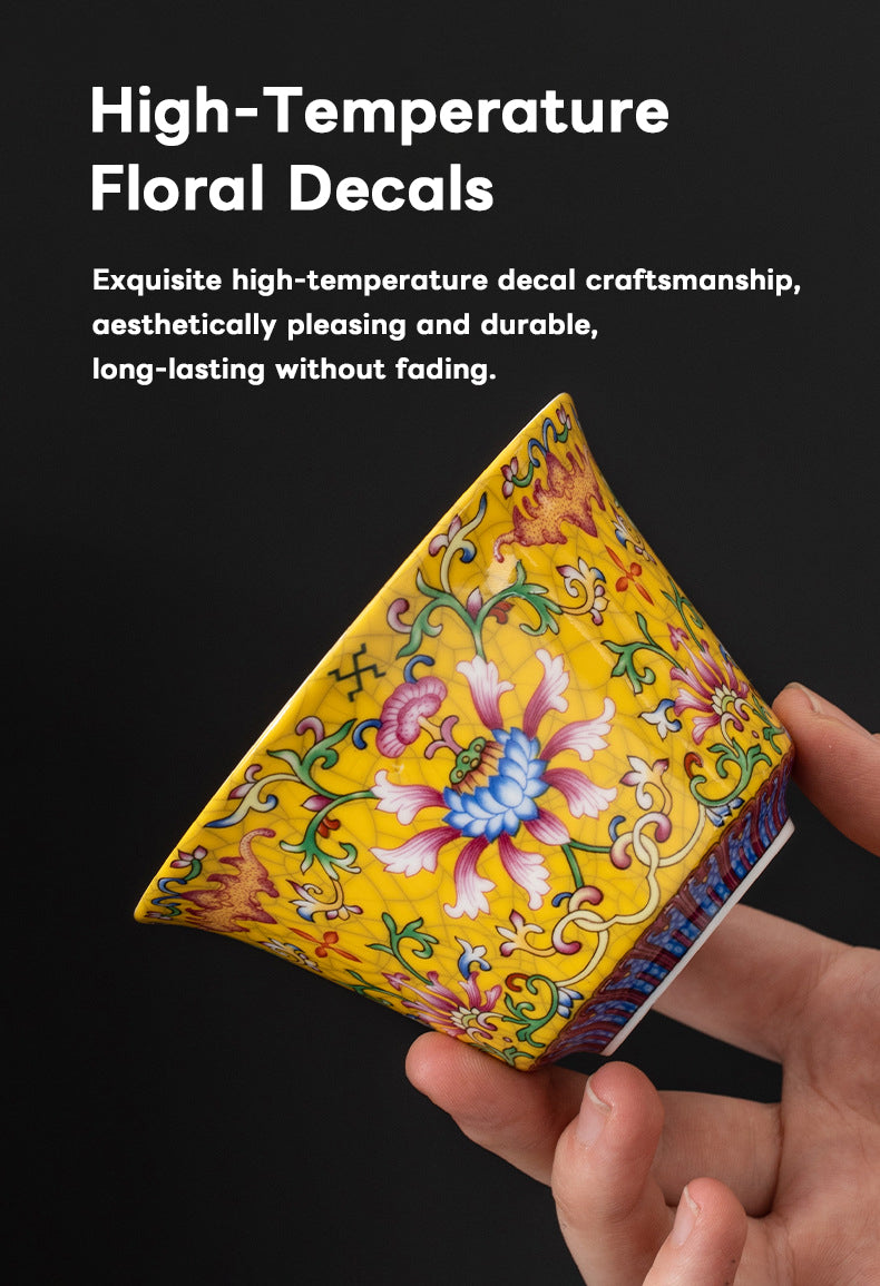 Imperial Yellow Porcelain Gaiwan – Handcrafted Chinese Tea Cups with Elegant Floral Design (160ml)