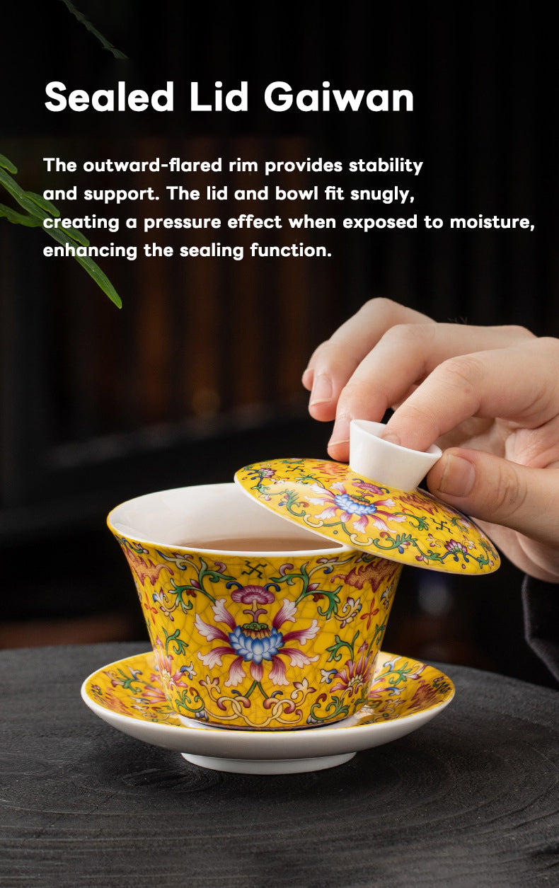 Imperial Yellow Porcelain Gaiwan – Handcrafted Chinese Tea Cups with Elegant Floral Design (160ml)