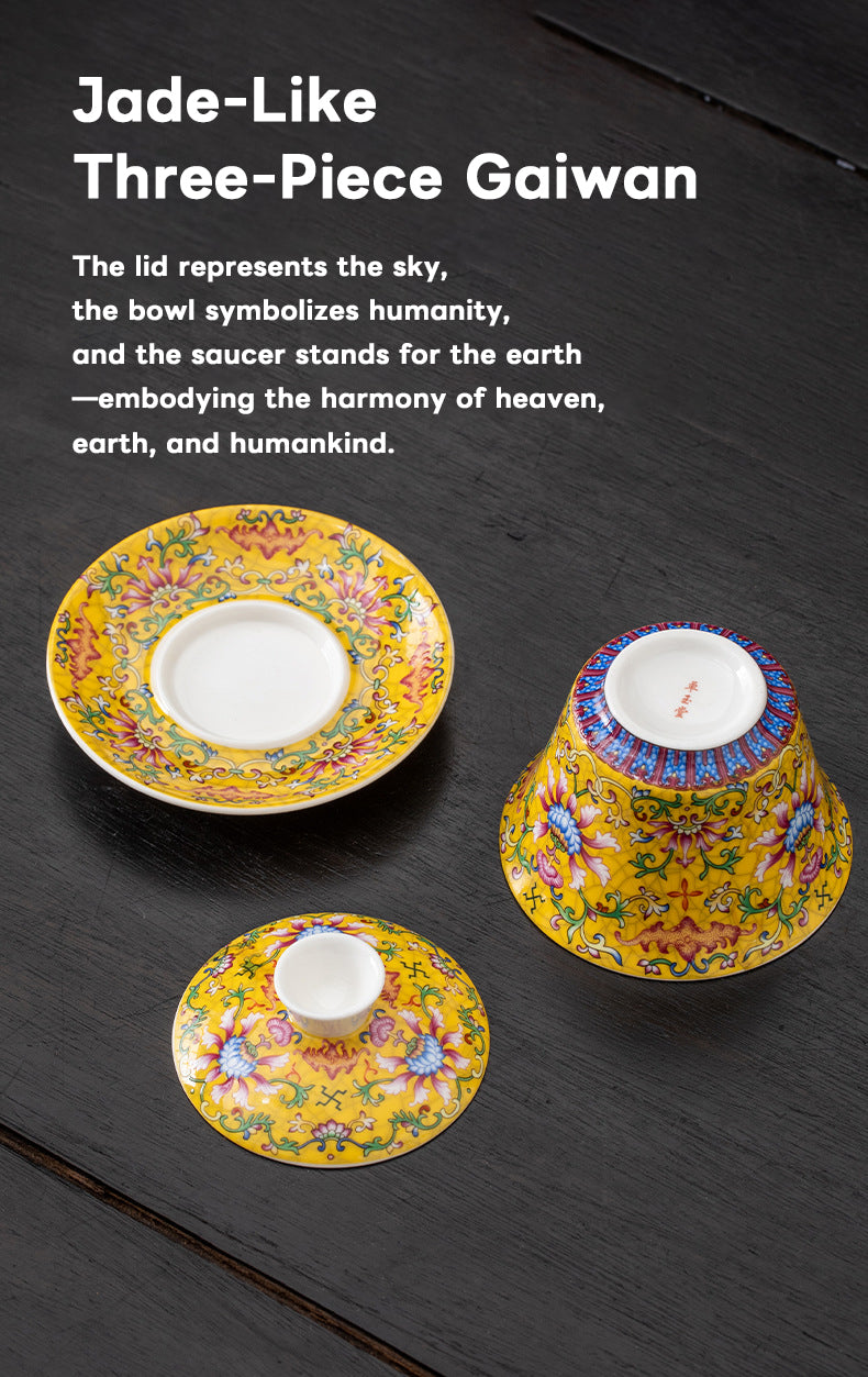 Imperial Yellow Porcelain Gaiwan – Handcrafted Chinese Tea Cups with Elegant Floral Design (160ml)