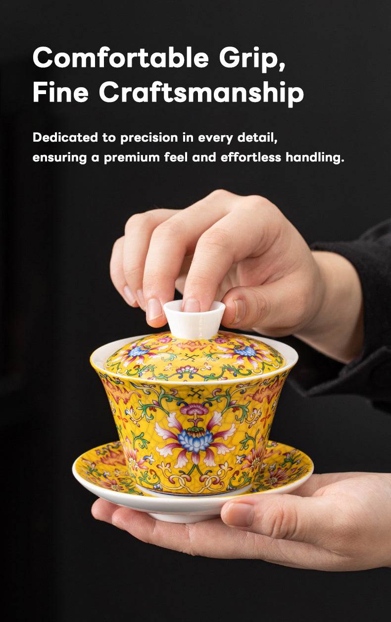 Imperial Yellow Porcelain Gaiwan – Handcrafted Chinese Tea Cups with Elegant Floral Design (160ml)