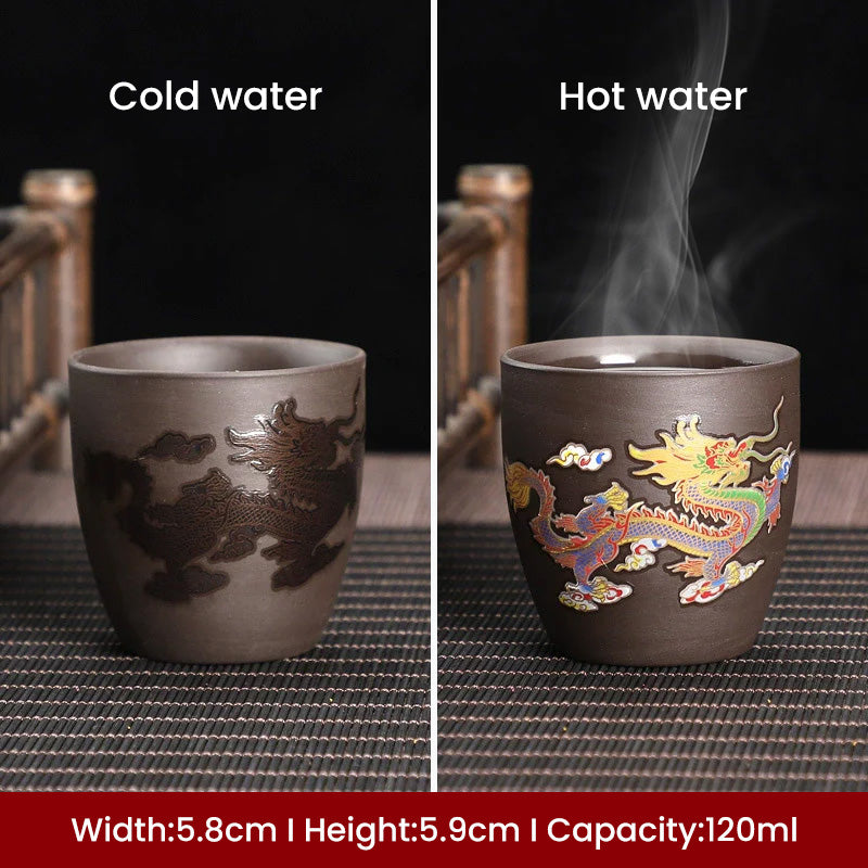 Yixing Zisha Color-Changing Tea Cup – Handmade Dragon & Phoenix Gongfu Tasting Cup (120ml)
